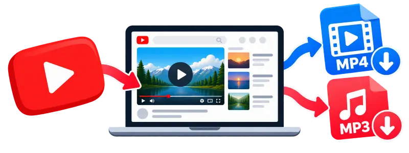 A YouTube video on a laptop converting into downloadable MP4 and MP3 files